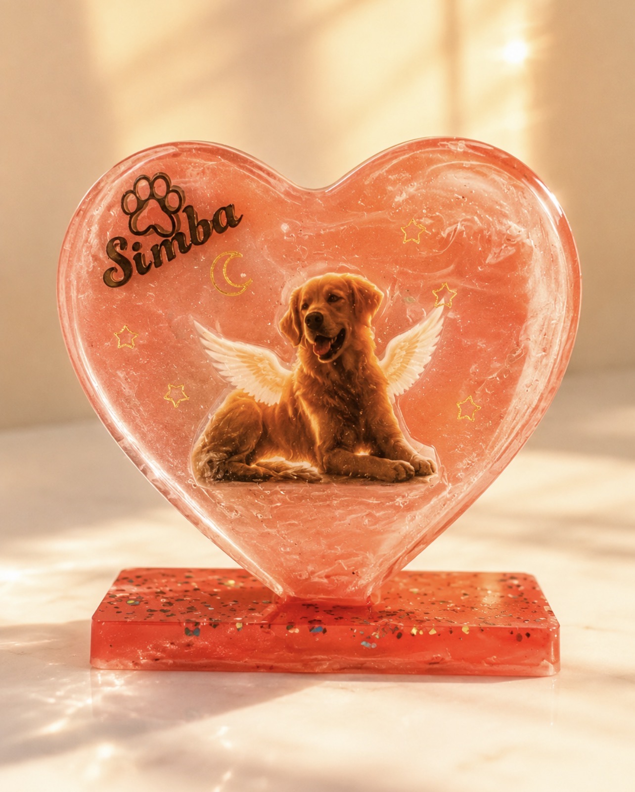 Corazón de resina rojo personalizado con fotografía de Simba