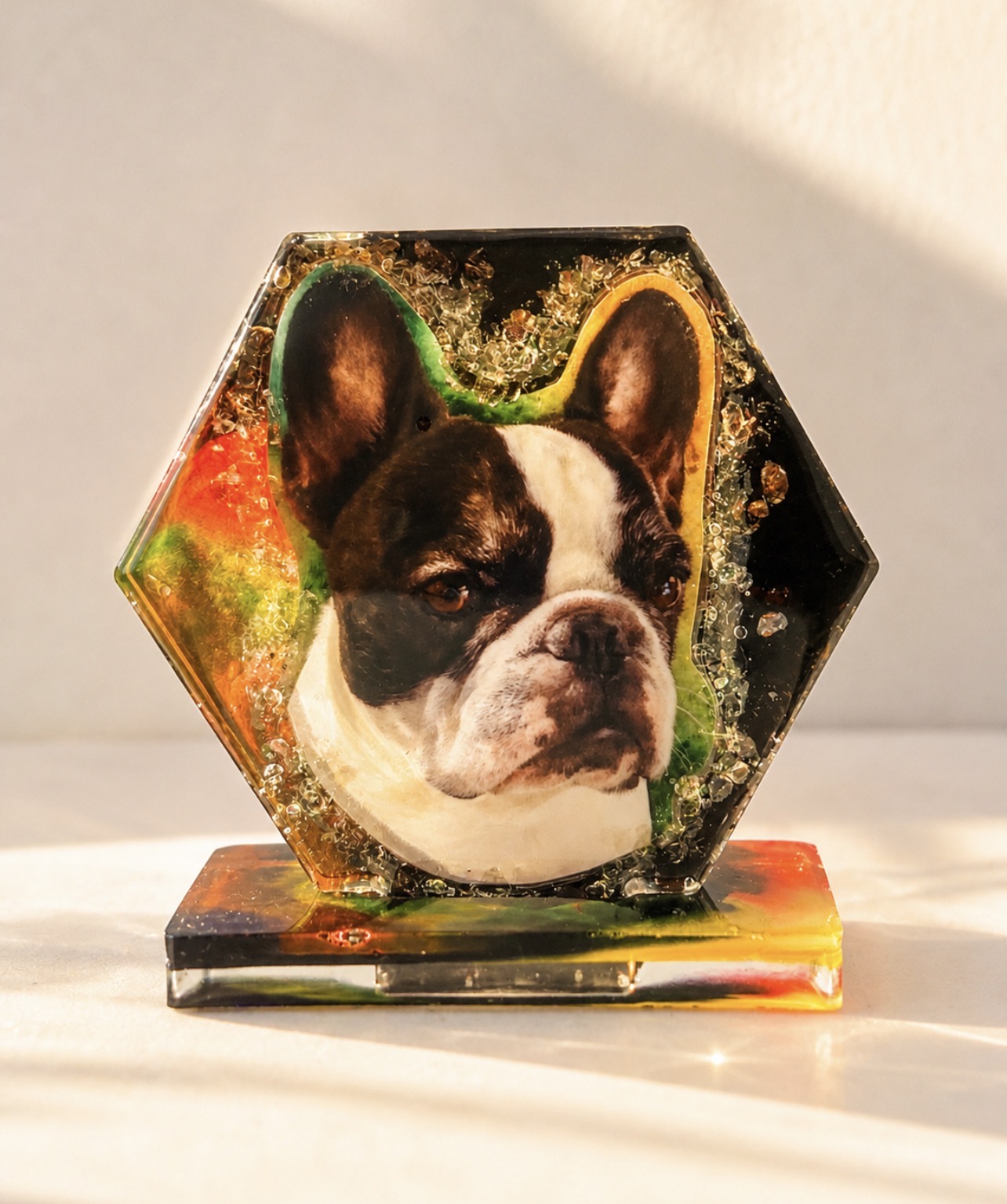 Hexágono decorativo personalizado con fotografía de un bulldog francés