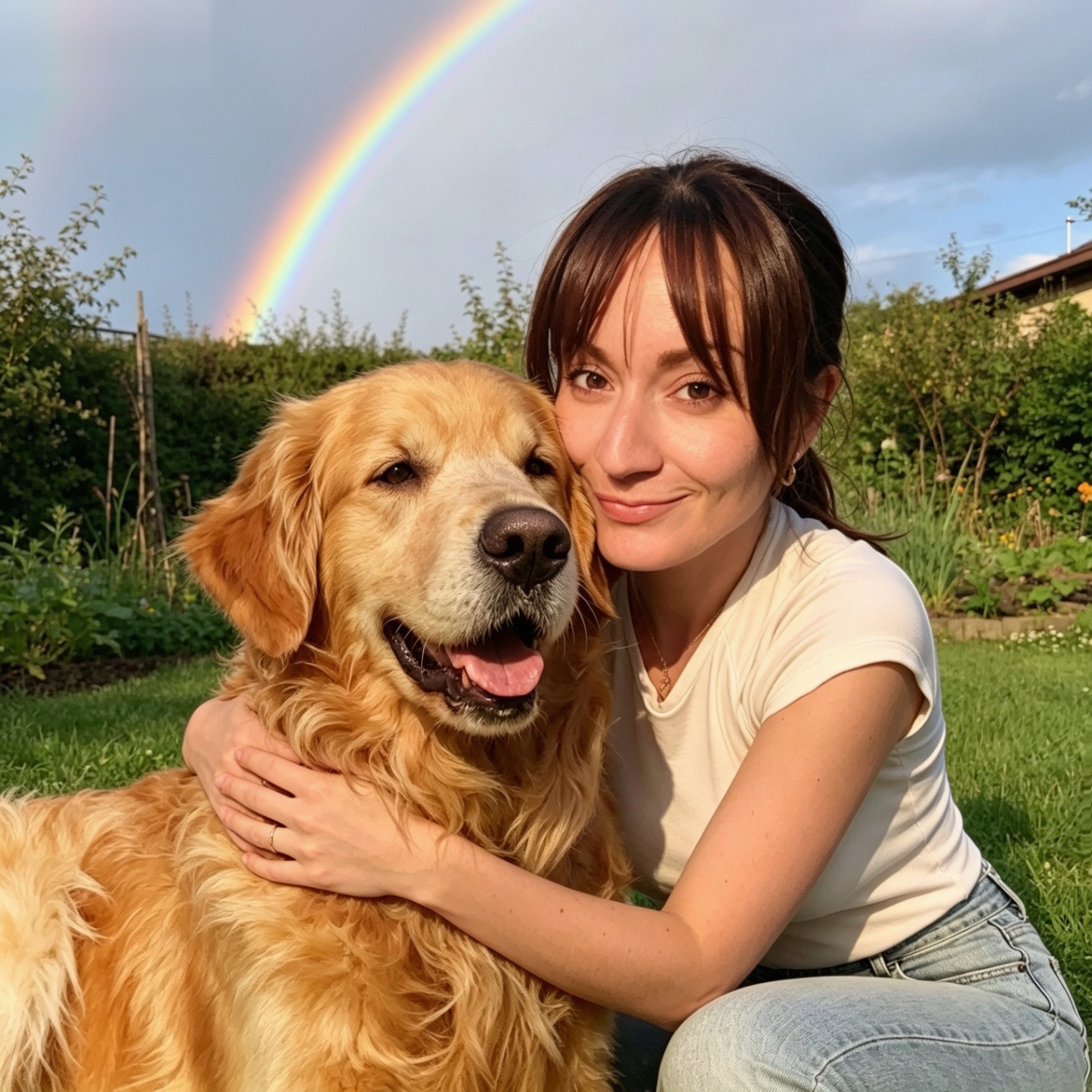Montse hugging Simba in the garden under a rainbow